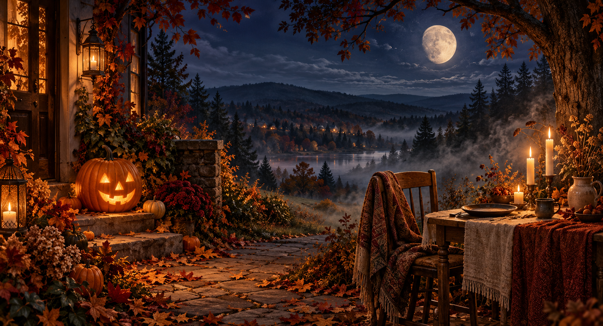 Herbstliche Terrasse bei Nacht mit leuchtendem Kürbis, Laterne und gedecktem Tisch, dahinter der Vollmond über einem nebligen Waldsee