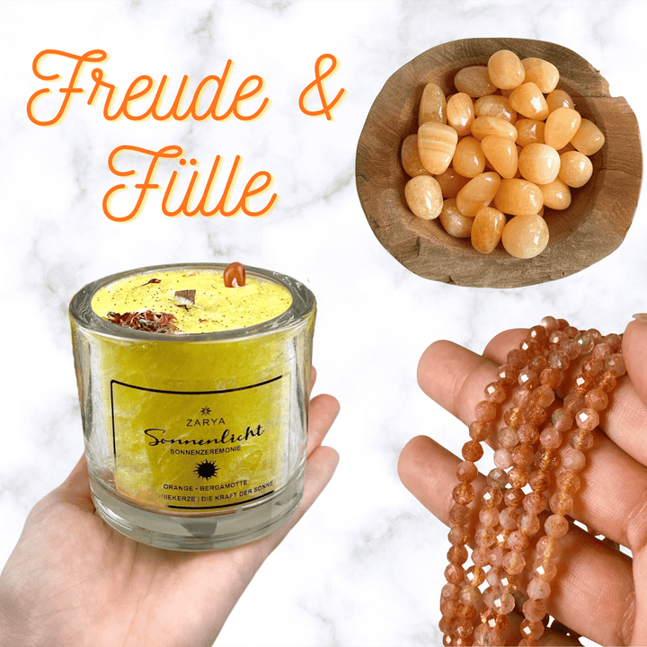 Freude & Fülle 3er Set | Sonnenlicht Kerze, Sonnenstein Armband & Orangencalcit Trommelstein