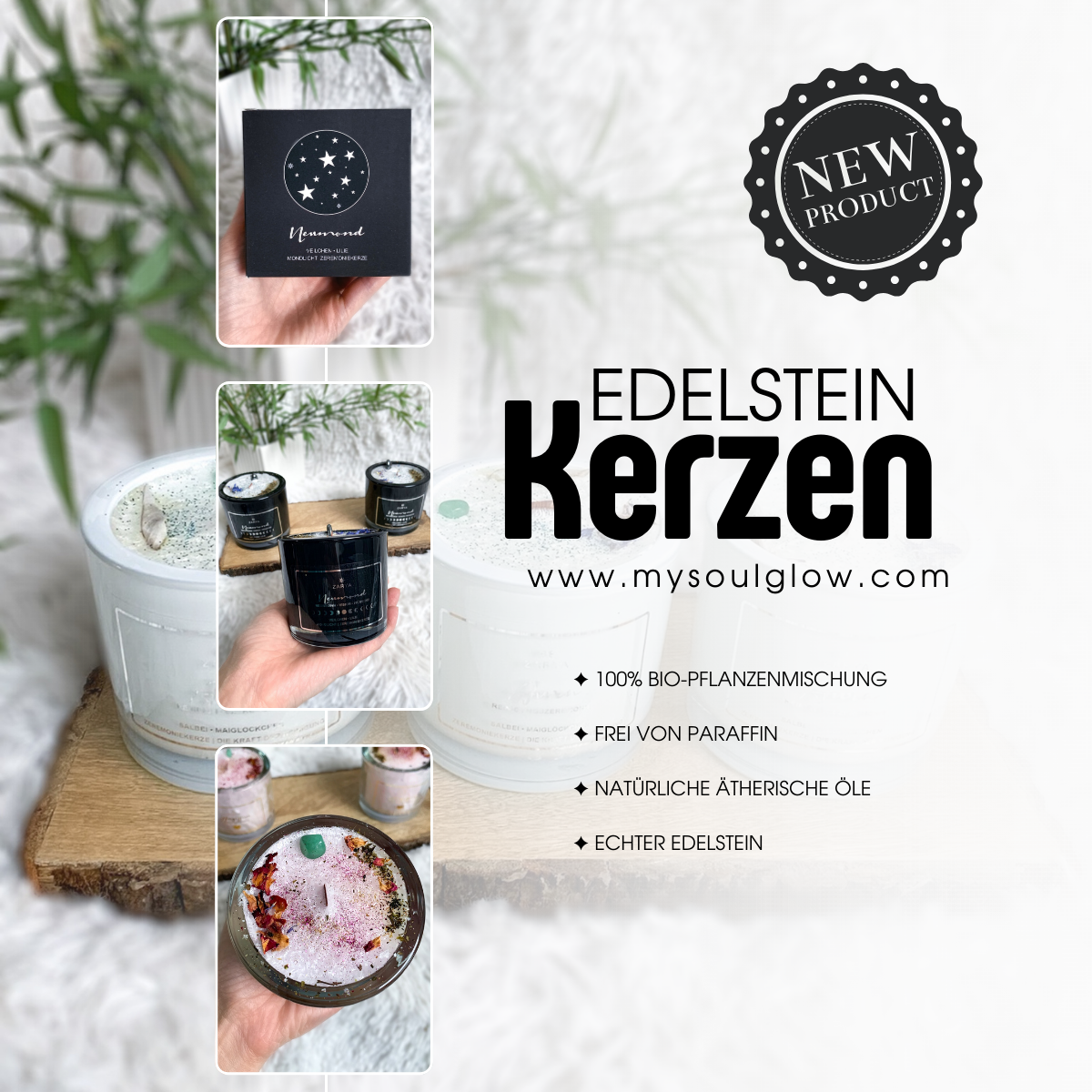Banner Bild von Edelstein Kerzen. Neues Produkt in SoulGlow
