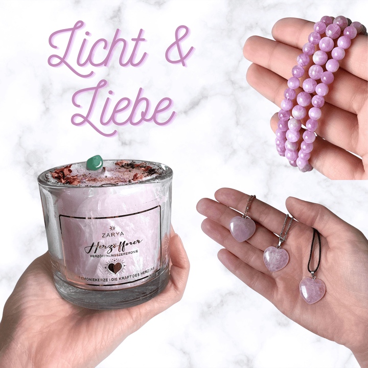 Licht & Liebe 3er Set | Zeremoniekerze, Kunzit Armband & Rosenquarz Herz Anhänger