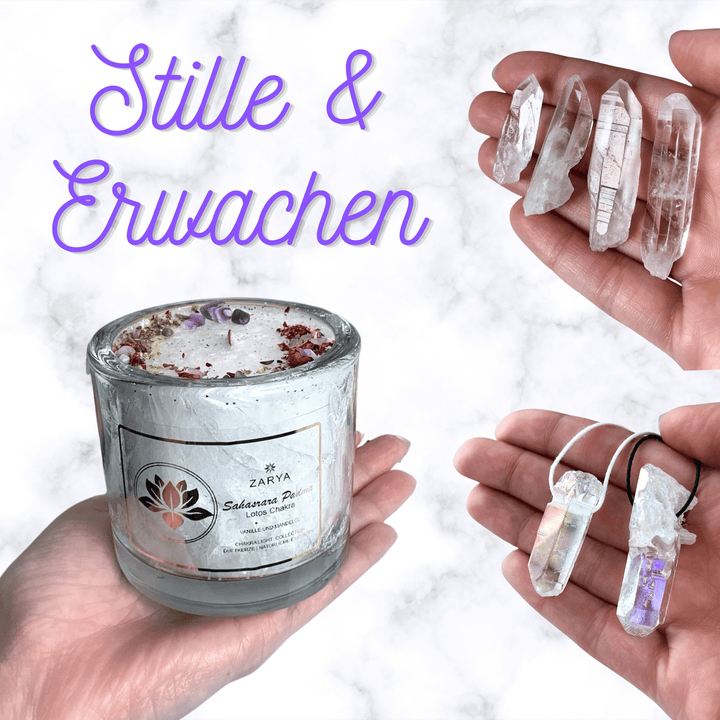 Stille & Erwachen 3er Set | Zeremoniekerze Lotos, Lemurian Quarz Säckchen & Angel Aura Spitze Anhänger
