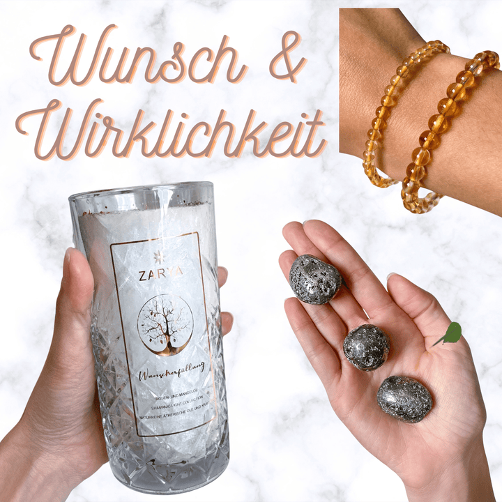 Wunsch & Wirklichkeit 3er Set | Wunscherfüllung Kerze, Citrin Armband + Pyrit Trommelstein