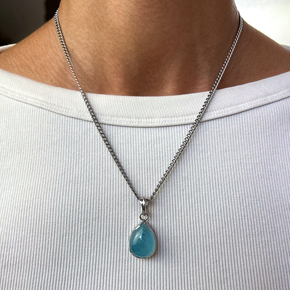 Aquamarin Tropfen Anhänger mit 925 Silber - SoulGlow - 925er Silber, Anhänger mit Öse, Aquamarin