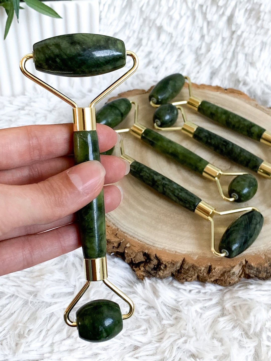 Beauty Massageroller - Rosenquarz, Jade Serpentin - SoulGlow - Aura, balance, grün