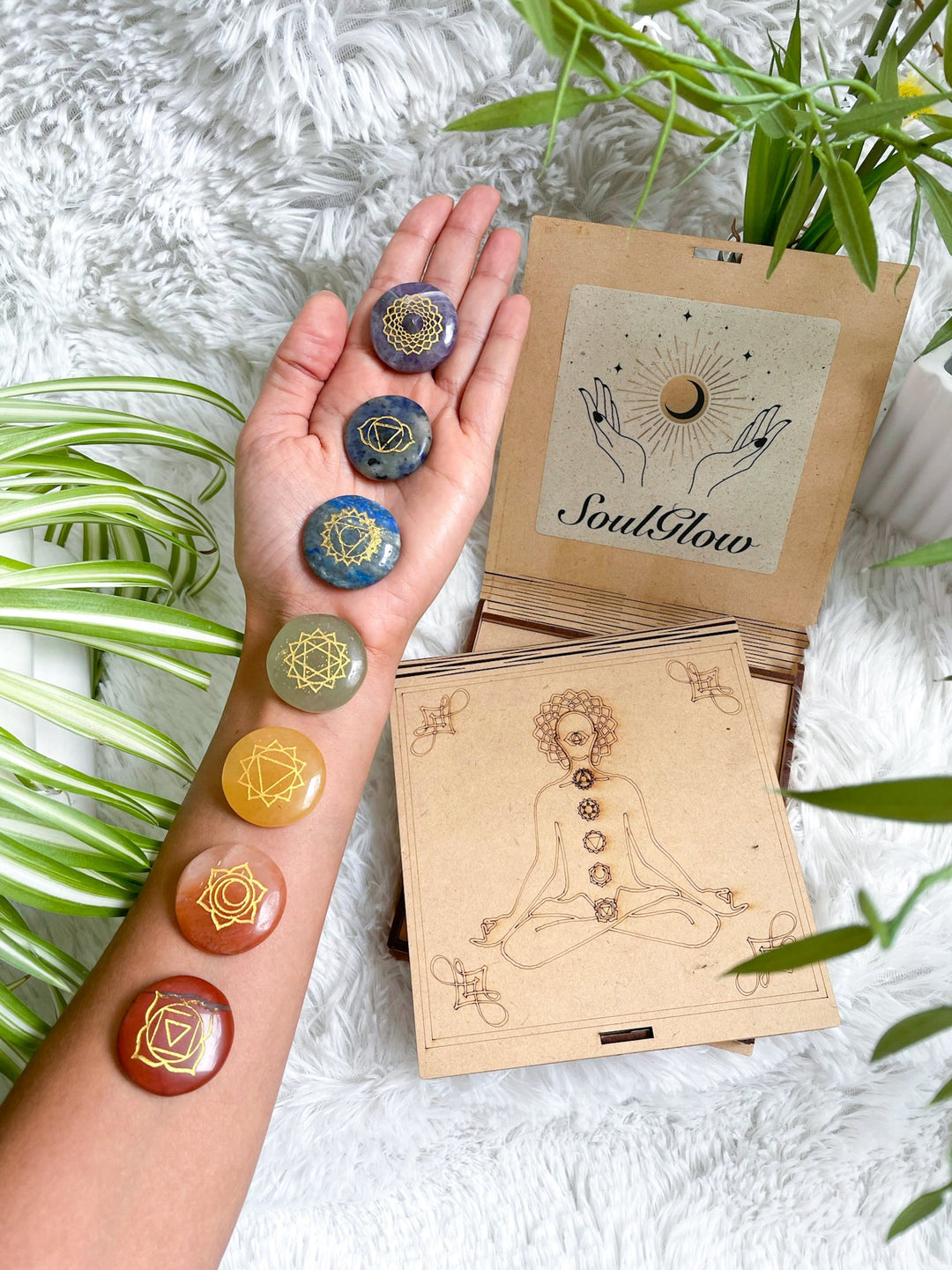 Chakra Stein Set mit Holzbox - SoulGlow - Chakra, Geschenk, geschliffene Form
