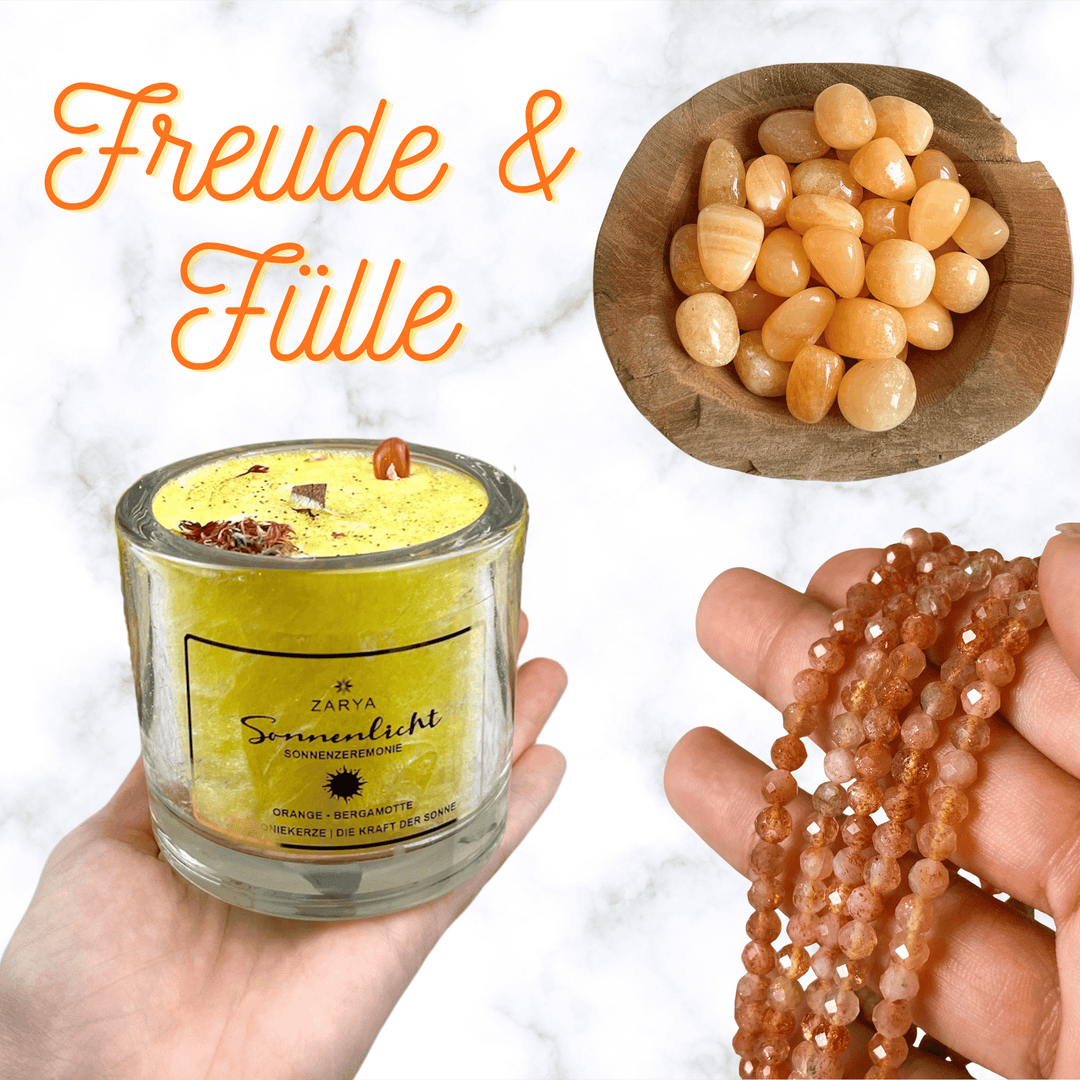 Freude & Fülle 3er Set | Sonnenlicht Kerze, Sonnenstein Armband & Orangencalcit Trommelstein - SoulGlow - Aura, Fülle, Geschenk