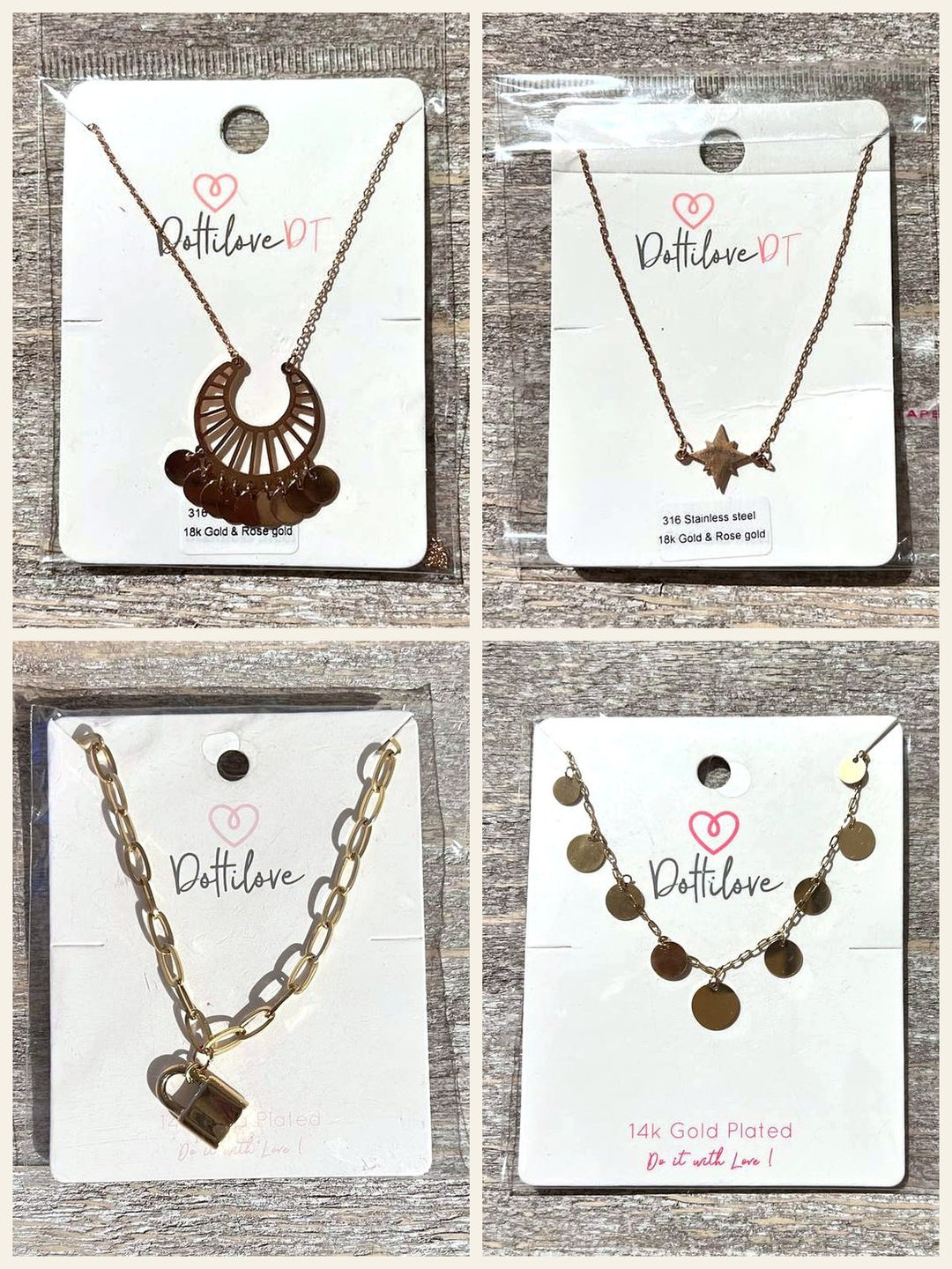 Auswahl an Halsketten aus Edelstahl in Gold und Roségold: Halbmond, Stern, Schloss und Münzplättchen