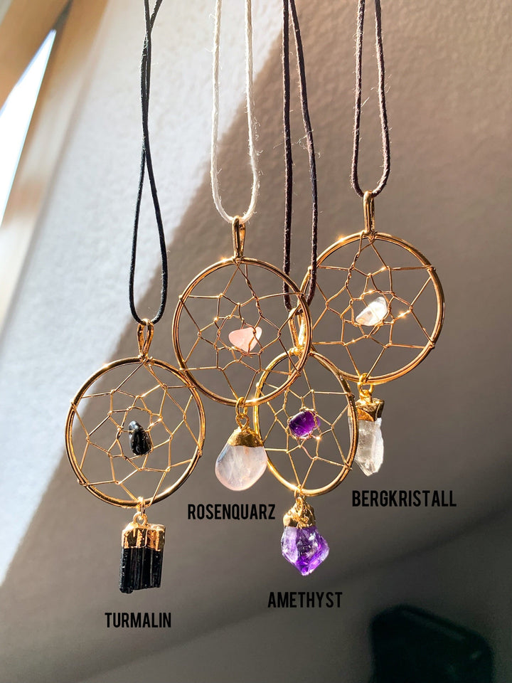 Kristall Traumfänger | Turmalin, Amethyst, Bergkristall oder Rosenquarz - SoulGlow - Amethyst, Anhänger mit Öse, Aura