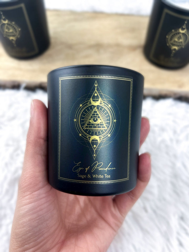 Manifestationskerze Auge der Vorsehung im Glas - mit schwarzem Obsidian - SoulGlow - Aura, Kerzen, Manifestation