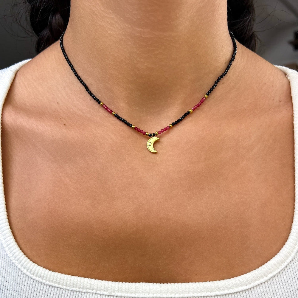 Obsidian & Granat Choker mit vergoldetem Mond - SoulGlow - Anhänger mit Öse, balance, choker