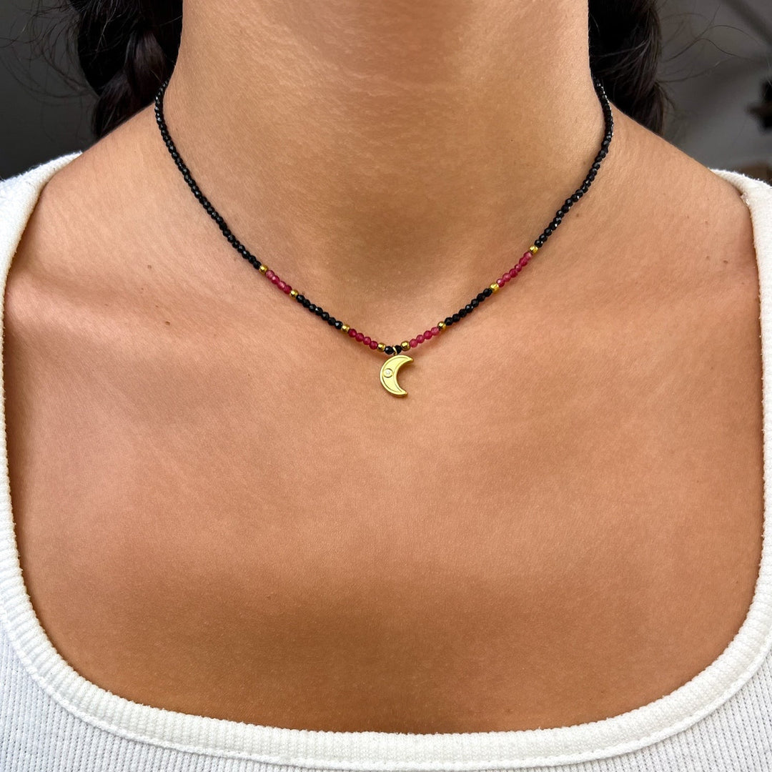 Obsidian & Granat Choker mit vergoldetem Mond - SoulGlow - Anhänger mit Öse, balance, choker