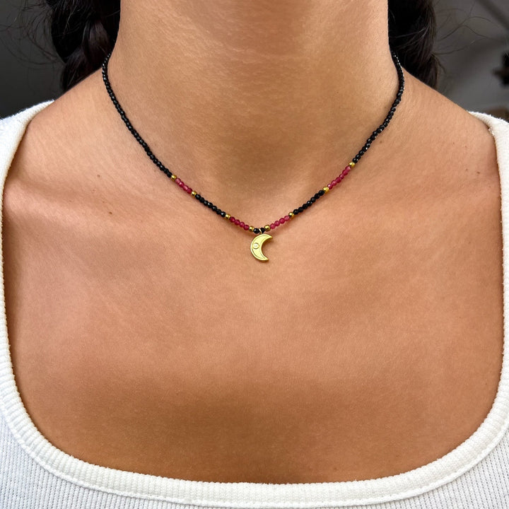 Obsidian & Granat Choker mit vergoldetem Mond - SoulGlow - Anhänger mit Öse, balance, choker