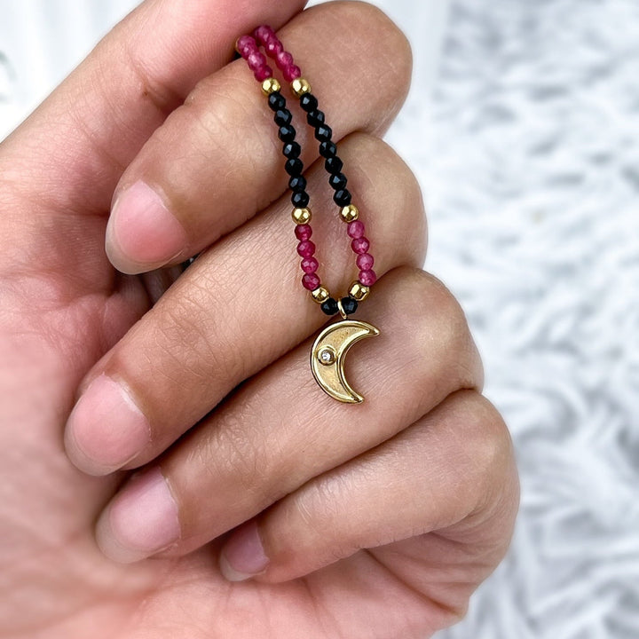 Obsidian & Granat Choker mit vergoldetem Mond - SoulGlow - Anhänger mit Öse, balance, choker