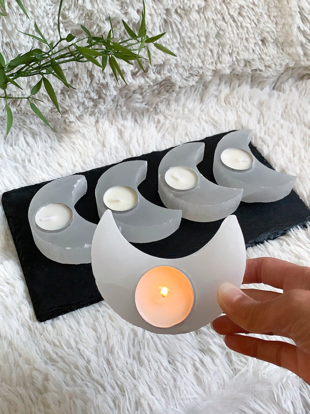 Selenit Mond Teelichthalter - SoulGlow - Aura, balance, Deko