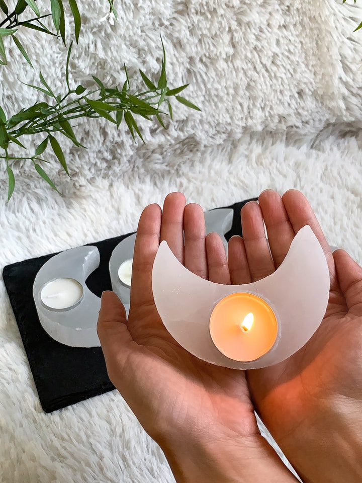 Selenit Mond Teelichthalter - SoulGlow - Aura, balance, Deko