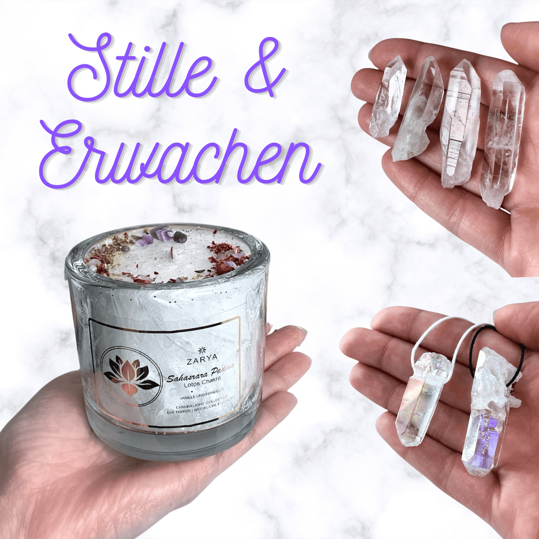 Stille & Erwachen 3er Set | Zeremoniekerze Lotos, Lemurian Quarz Säckchen & Angel Aura Spitze Anhänger - SoulGlow - Angel Aura, Aura, Geschenk