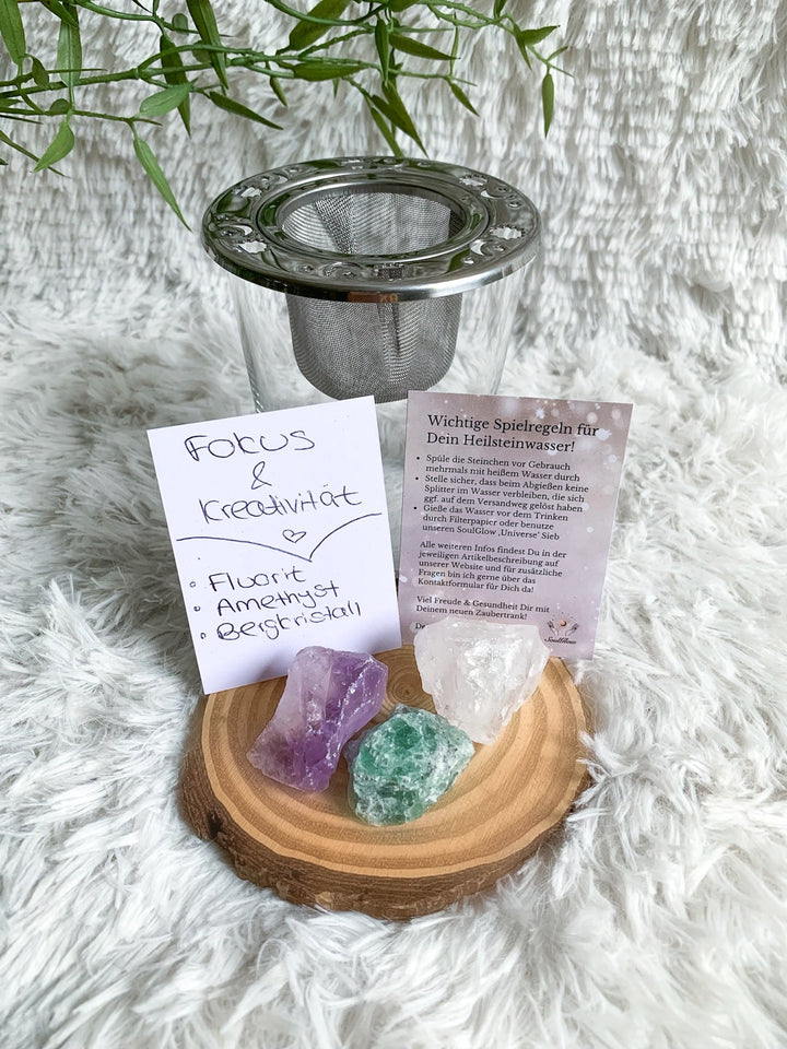 Wassersteine | Fokus & Kreativität | Fluorit, Amethyst, Bergkristall - SoulGlow - Amethyst, Angst, balance